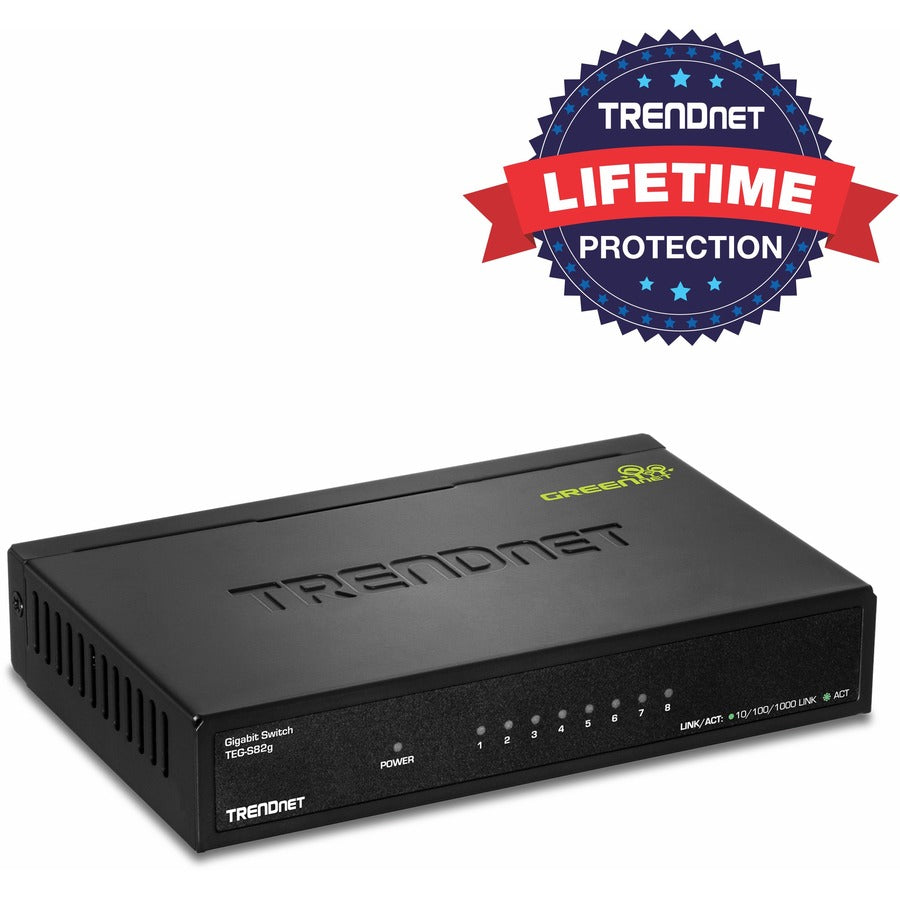 TRENDnet 8-Port Gigabit GREENnet Switch, Ethernet Network Switch, 8 x 10-100-1000 Mbps Gigabit Ethernet Ports, 16 Gbps Switching Capacity, Metal, Lifetime Protection, Black, TEG-S82G
