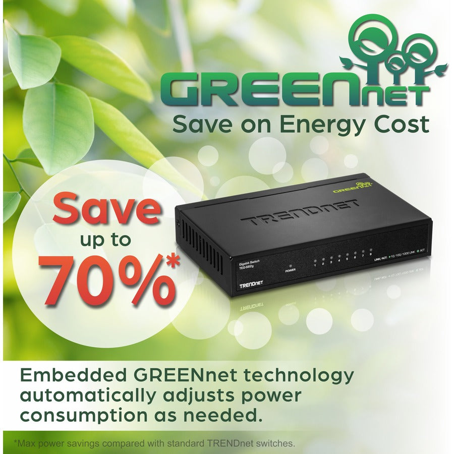 TRENDnet 8-Port Gigabit GREENnet Switch, Ethernet Network Switch, 8 x 10-100-1000 Mbps Gigabit Ethernet Ports, 16 Gbps Switching Capacity, Metal, Lifetime Protection, Black, TEG-S82G