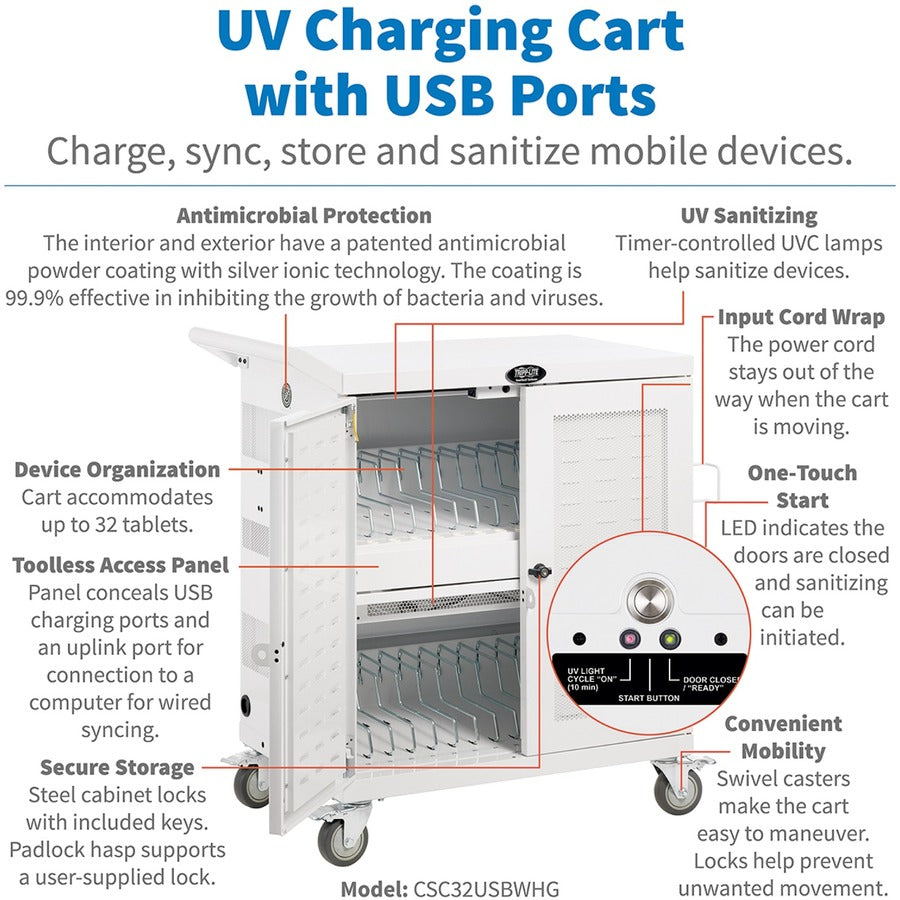 Tripp Lite Safe-IT UV Sanitizing Charging Cart 32-Port USB Antimicrobial for iPad and Android Tablet White
