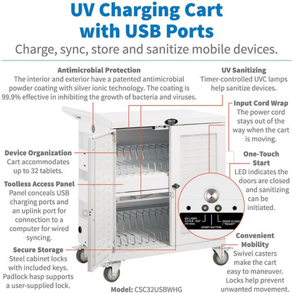 Tripp Lite Safe-IT UV Sanitizing Charging Cart 32-Port USB Antimicrobial for iPad and Android Tablet White