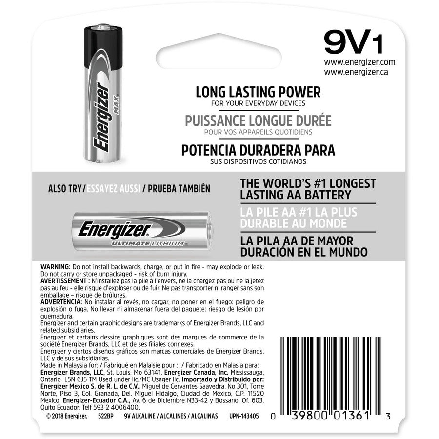 Energizer MAX Alkaline 9 Volt Batteries, 1 Pack