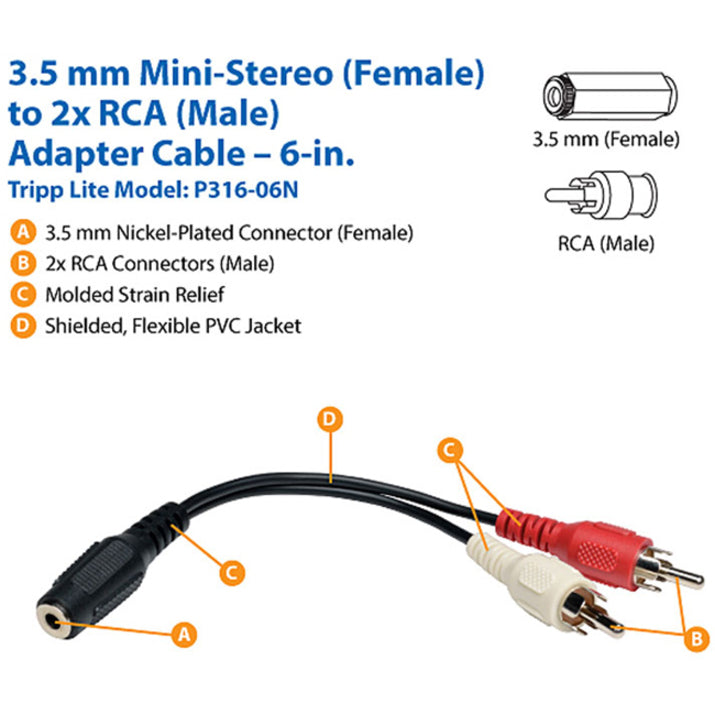 Tripp Lite 6in Mini Stereo to 2 RCA Audio Y Splitter Cable 3.5mm 2xM/F 6"