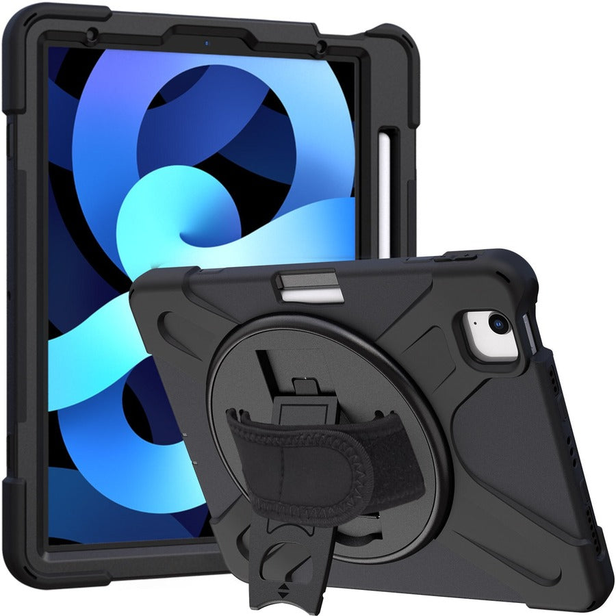 This case comes complete with a rotating kickstand and hand/shoulder neoprene strap.