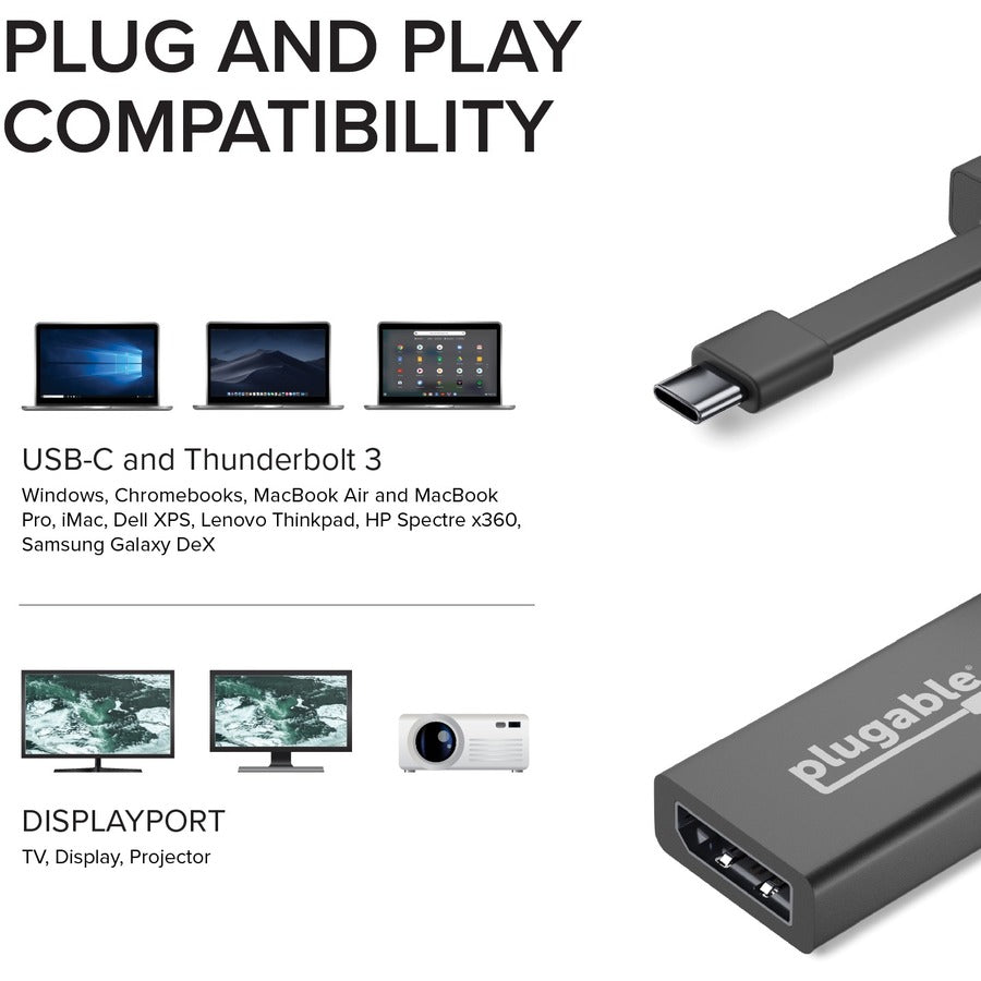 Plugable USB C to DisplayPort Adapter 4K 60Hz, Thunderbolt 3 to DP Adapter
