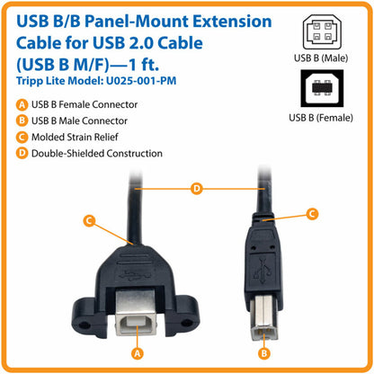 Tripp Lite 1ft Panel Mount USB 2.0 Extension Cable USB B to Panel Mount B Male / Female