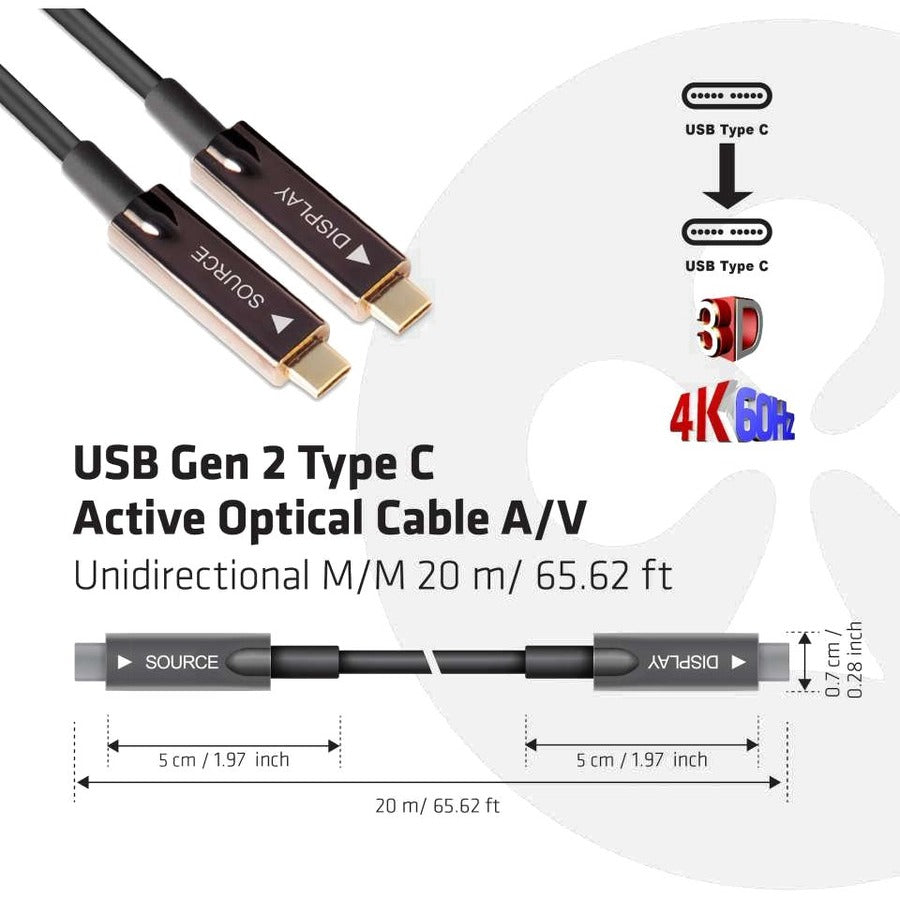 Club 3D USB Gen 2 Type C Active Optical Cable A/V Unidirectional M/M 20 m/ 65.62 ft