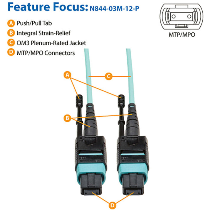 Tripp Lite 3M Fiber Optic MTP / MPO Patch Cable 12 Fiber 40GbE Aqua OM3 Plenum 10ft 10' 3 Meter