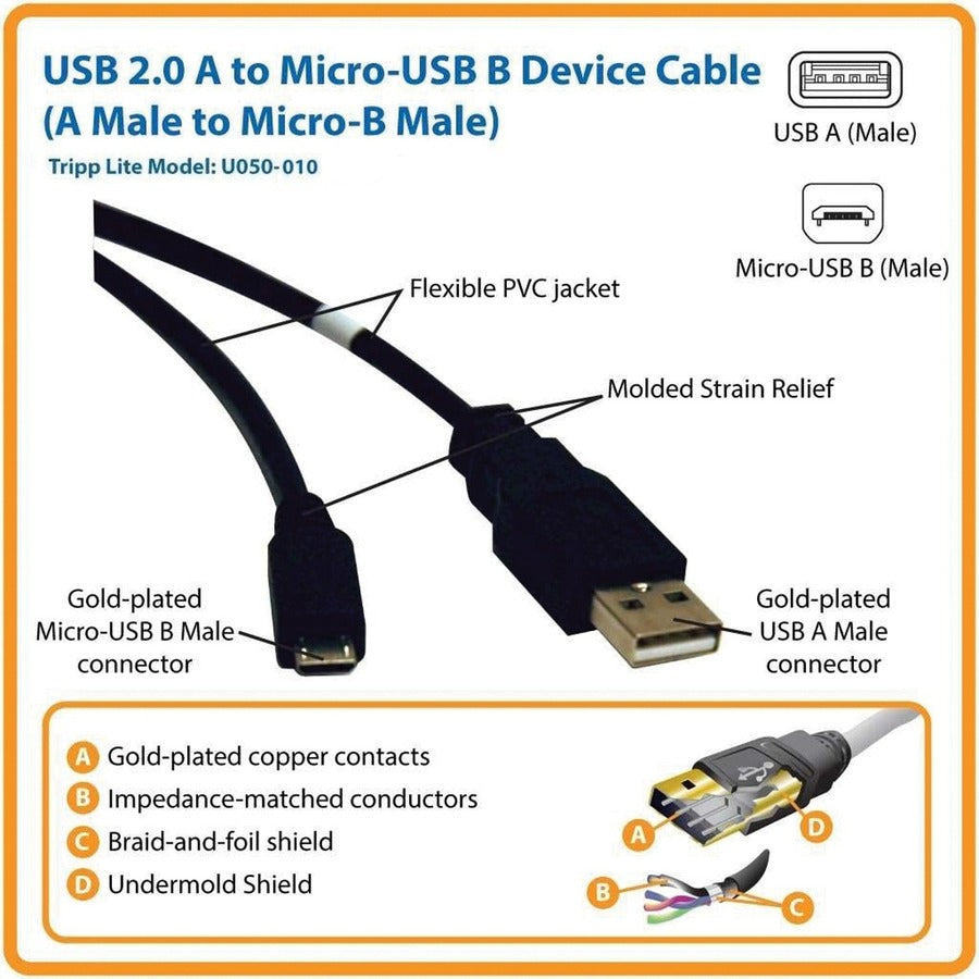 Tripp Lite 10ft USB 2.0 Hi-Speed Cable A Male to USB Micro-B M/M
