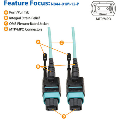 Tripp Lite 1M MTP / MPO Fiber Optic Patch Cable w/ Push Pull Tabs 12 Fiber 40Gbe OM3 Plenum Aqua 3' 3ft 1 Meter