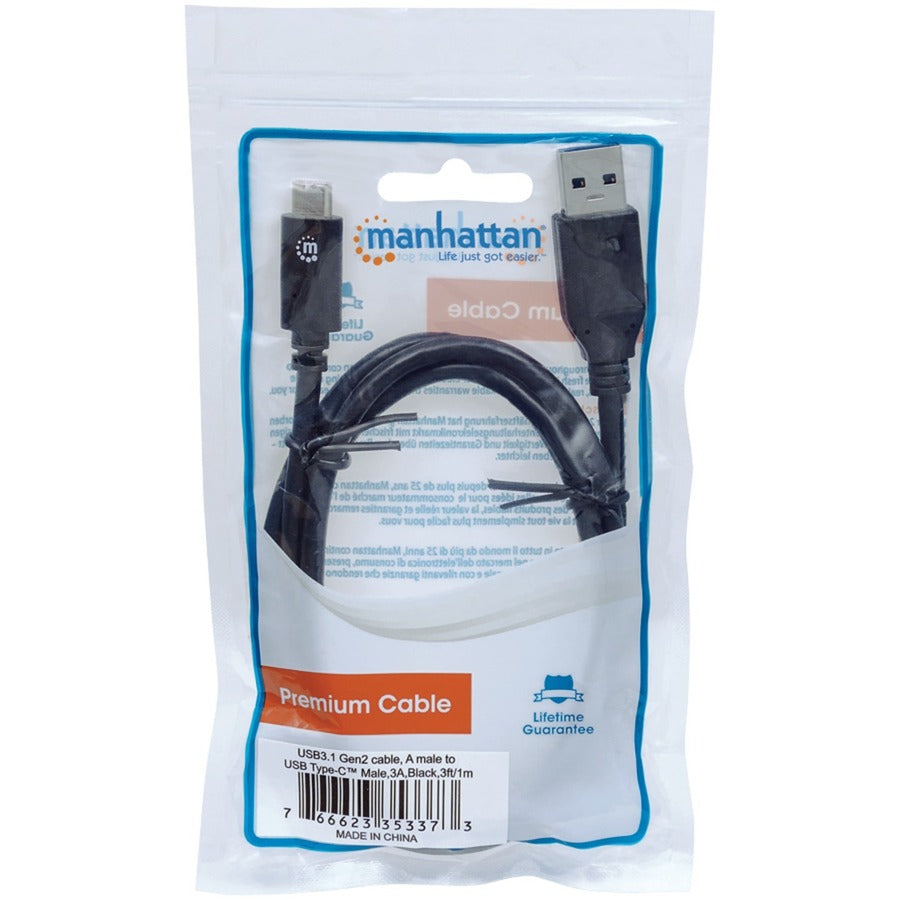Manhattan SuperSpeed+ USB 3.1 Gen2 A Male to C Male Device Cable, 10 Gbps, 3 ft, Black