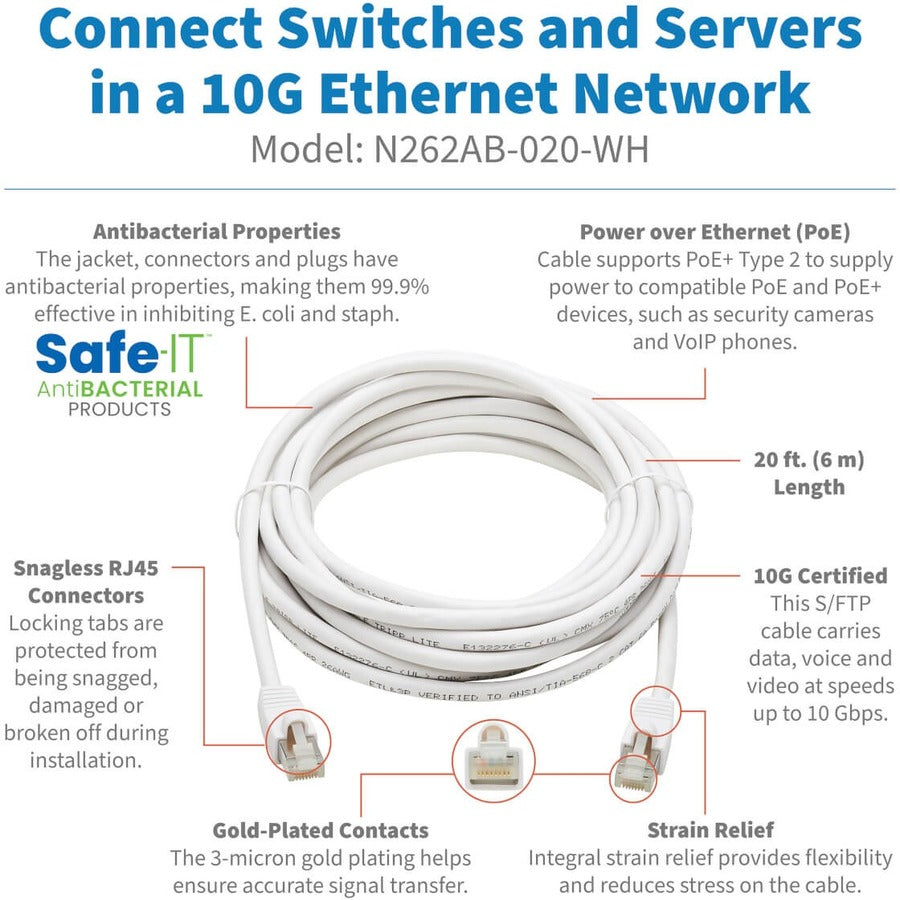 Tripp Lite Safe-IT Cat6a Ethernet Cable Antibacterial Snagless PoE M/M 20ft