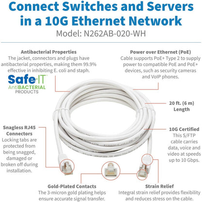 Tripp Lite Safe-IT Cat6a Ethernet Cable Antibacterial Snagless PoE M/M 20ft