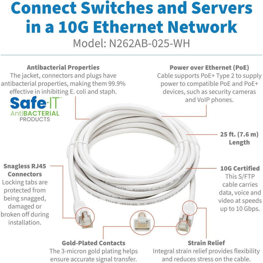 Tripp Lite Safe-IT Cat6a Ethernet Cable Antibacterial Snagless PoE M/M 25ft