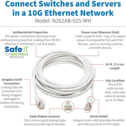 Tripp Lite Safe-IT Cat6a Ethernet Cable Antibacterial Snagless PoE M/M 25ft