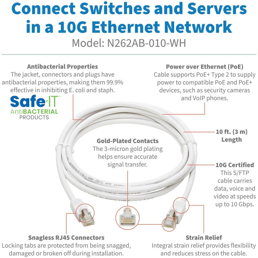 Tripp Lite Safe-IT Cat6a Ethernet Cable Antibacterial Snagless PoE M/M 10ft