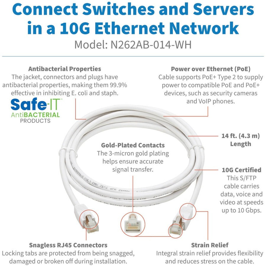 Tripp Lite Safe-IT Cat6a Ethernet Cable Antibacterial Snagless PoE M/M 14ft