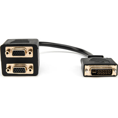 Rocstor Premium 1 ft DVI-I Analog to 2 x VGA Video Splitter Cable - M/F - DVI-I (Single-Link) Male Video - HD-15 Female VGA - 1ft - Black - DVI Cable to 2 x VGA Y Cable M/F