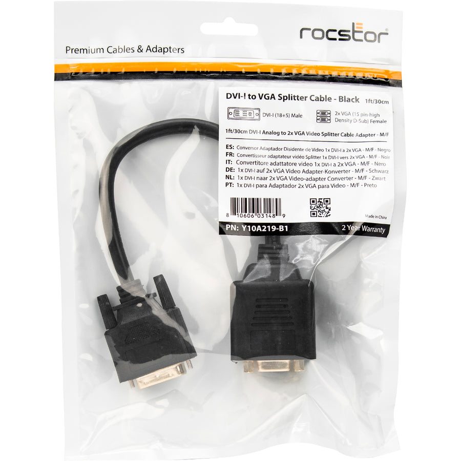 Rocstor Premium 1 ft DVI-I Analog to 2 x VGA Video Splitter Cable - M/F - DVI-I (Single-Link) Male Video - HD-15 Female VGA - 1ft - Black - DVI Cable to 2 x VGA Y Cable M/F
