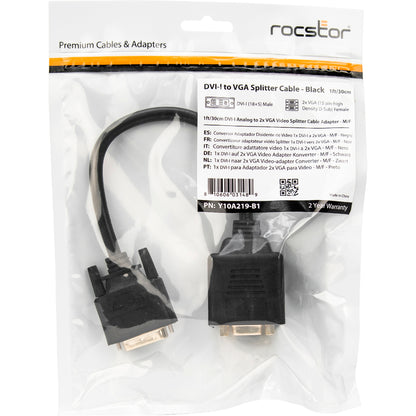 Rocstor Premium 1 ft DVI-I Analog to 2 x VGA Video Splitter Cable - M/F - DVI-I (Single-Link) Male Video - HD-15 Female VGA - 1ft - Black - DVI Cable to 2 x VGA Y Cable M/F