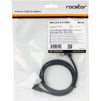 Rocstor Premium 3ft USB Type A Right Angle to USB Type B Right Angle Cable - M/M - USB - 3 ft - 1 x USB Type A Male - 1 x USB Type B Male - Cable M/M - Black