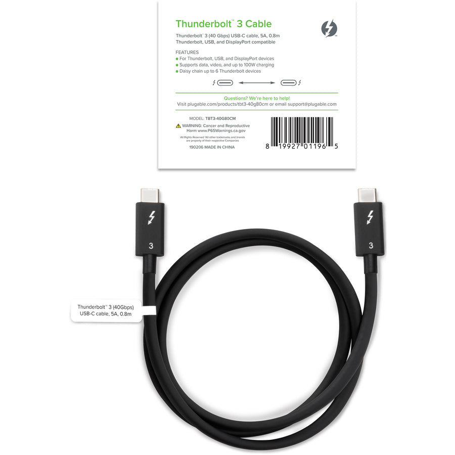 Plugable Thunderbolt 3 Cable 40Gbps Supports 100W (20V, 5A) Charging, 2.6ft/0.8m