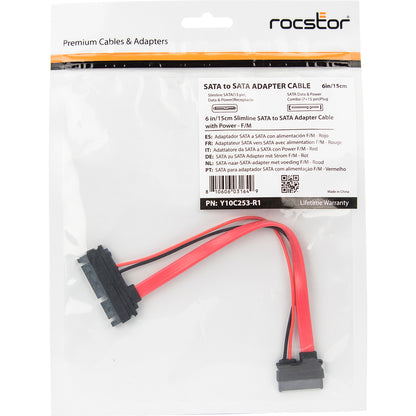 Rocstor Premium 6in Slimline SATA to SATA Adapter with Power - F/M - SATA for Optical Drive, Motherboard - 6" - 1 Pack - 1 x SATA - 1 x SATA - Red - Adapter with Power