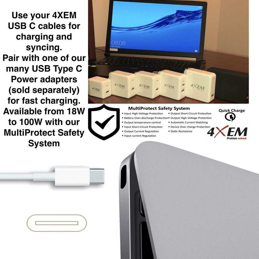 4XEM 3FT/1M USB-C To USB-C Cable M/M USB 3.1 Gen 2 10GBPS White