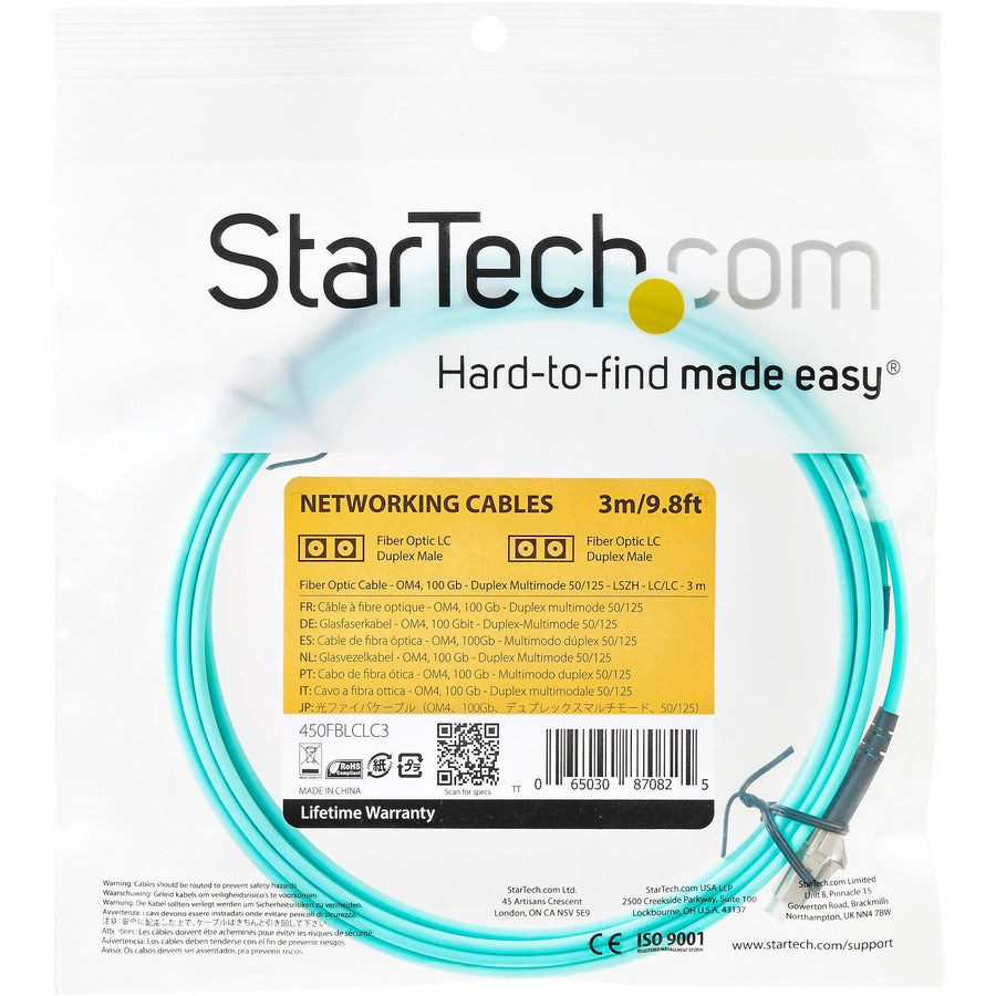 StarTech.com Aqua OM4 Duplex Multimode Fiber - 3m/ 9 ft - 100 Gb - 50/125 - OM4 Fiber - LC to LC Fiber Patch Cable