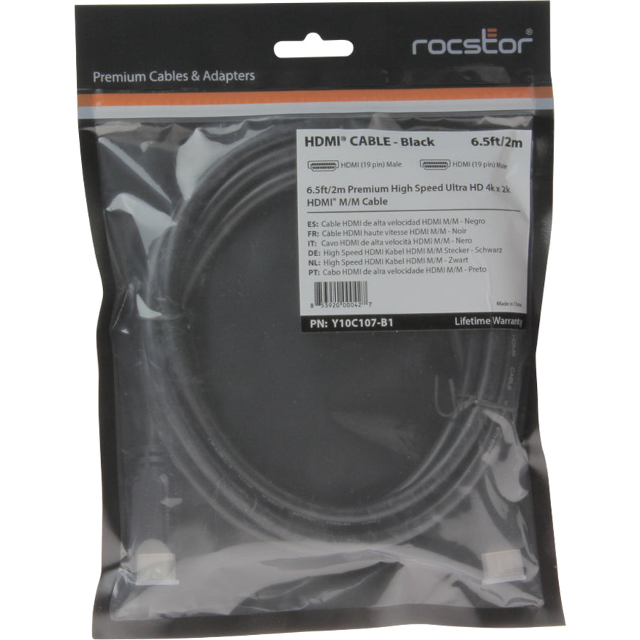 Rocstor Premium 1ft High Speed HDMI (M/M) Cable with Ethernet - Cable Length: 1ft - HDMI for Audio/Video Device - 1.28 GB/s - 1 ft - 1 x HDMI Male Digital Audio/Video - 1 x HDMI Male Digital Audio/Video - Gold Plated Connector - Black ETHERNET CABLE BLACK