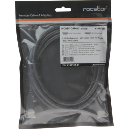Rocstor Premium 1ft High Speed HDMI (M/M) Cable with Ethernet - Cable Length: 1ft - HDMI for Audio/Video Device - 1.28 GB/s - 1 ft - 1 x HDMI Male Digital Audio/Video - 1 x HDMI Male Digital Audio/Video - Gold Plated Connector - Black ETHERNET CABLE BLACK