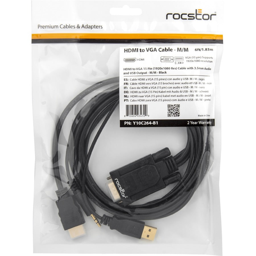 Rocstor Premium 6ft VGA to HDMI Converter Cable with Power and Audio Support M/M