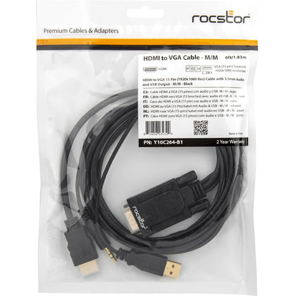 Rocstor Premium 6ft VGA to HDMI Converter Cable with Power and Audio Support M/M