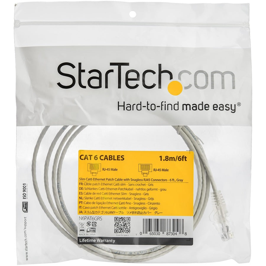 StarTech.com 6 ft CAT6 Cable - Slim CAT6 Patch Cord - Gray - Snagless RJ45 Connectors - Gigabit Ethernet Cable - 28 AWG - LSZH (N6PAT6GRS)
