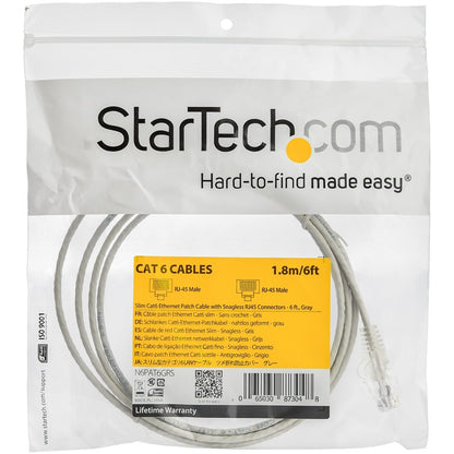 StarTech.com 6 ft CAT6 Cable - Slim CAT6 Patch Cord - Gray - Snagless RJ45 Connectors - Gigabit Ethernet Cable - 28 AWG - LSZH (N6PAT6GRS)