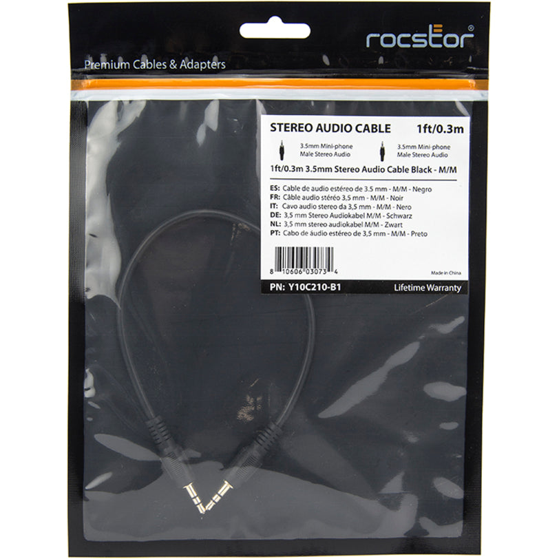 Rocstor Premium Slim 3.5mm Stereo Audio Cable 1 ft - M/M - Mini-phone Male Stereo Audio - Mini-phone Male Stereo Audio Male to Male- .3m - Black - For Smartphone, Mobile Phones, iPhone (with Headphone Jack), iPod AND MP3 PLAYER