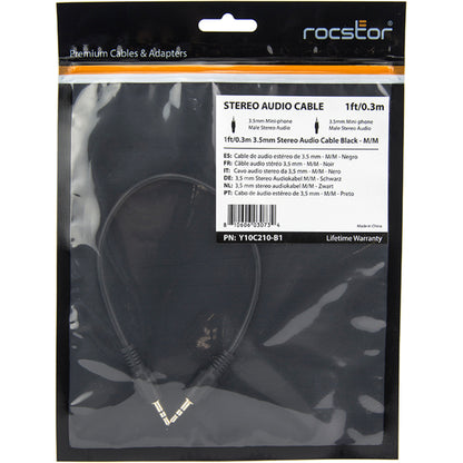 Rocstor Premium Slim 3.5mm Stereo Audio Cable 1 ft - M/M - Mini-phone Male Stereo Audio - Mini-phone Male Stereo Audio Male to Male- .3m - Black - For Smartphone, Mobile Phones, iPhone (with Headphone Jack), iPod AND MP3 PLAYER