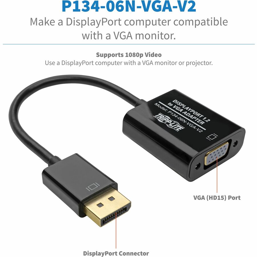 Tripp Lite 6in DisplayPort to VGA Adapter Active Converter DP to VGA M/F DPort 1.2 6"