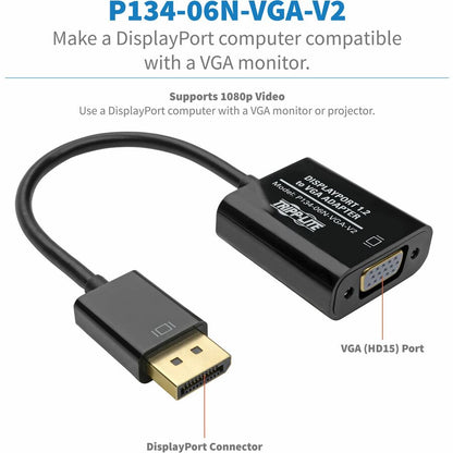 Tripp Lite 6in DisplayPort to VGA Adapter Active Converter DP to VGA M/F DPort 1.2 6"