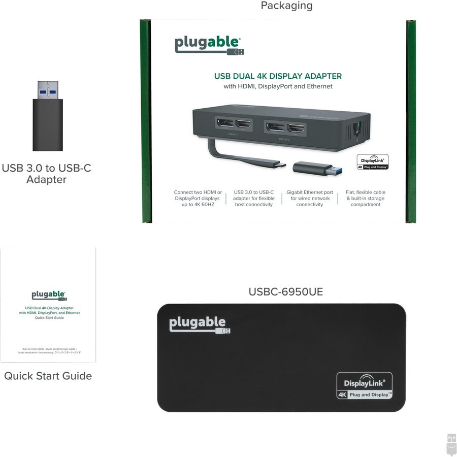 Plugable 4K DisplayPort and HDMI Dual Monitor Adapter with Ethernet for USB 3.0 and USB-C