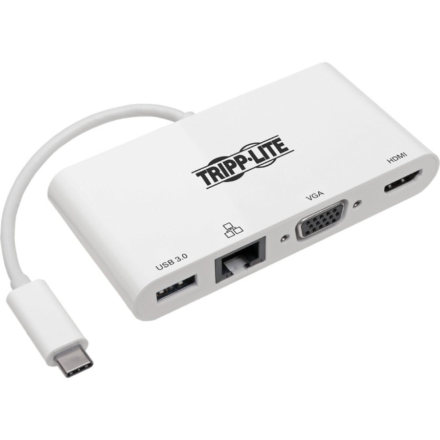 Tripp Lite USB C Docking Station Adapter 4K w/ HDMI, VGA, Gigabit Ethernet, USB-A Hub White, Thunderbolt 3 Compatible