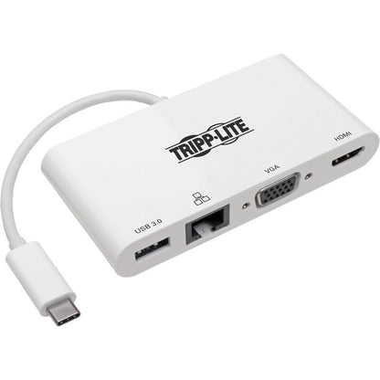 Tripp Lite USB C Docking Station Adapter 4K w/ HDMI, VGA, Gigabit Ethernet, USB-A Hub White, Thunderbolt 3 Compatible