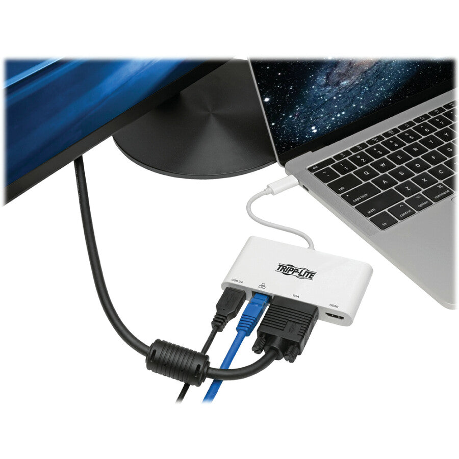 Tripp Lite USB C Docking Station Adapter 4K w/ HDMI, VGA, Gigabit Ethernet, USB-A Hub White, Thunderbolt 3 Compatible