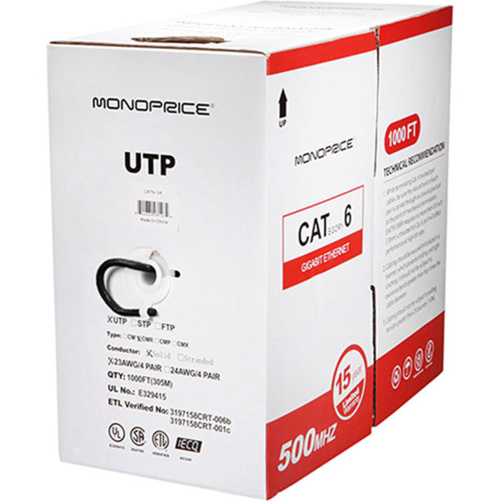Monoprice Bulk Cat6 23AWG Solid UTP Riser-Rated (CMR) Ethernet Network Cable, 1000ft Black