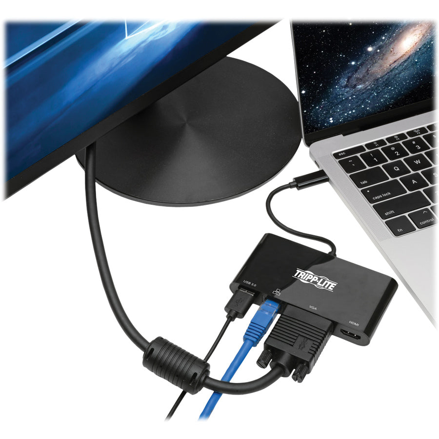 Tripp Lite USB C Docking Station Adapter Converter 4K w/ HDMI, VGA, Gigabit Ethernet, USB-A Hub, Black, Thunderbolt 3 Compatible