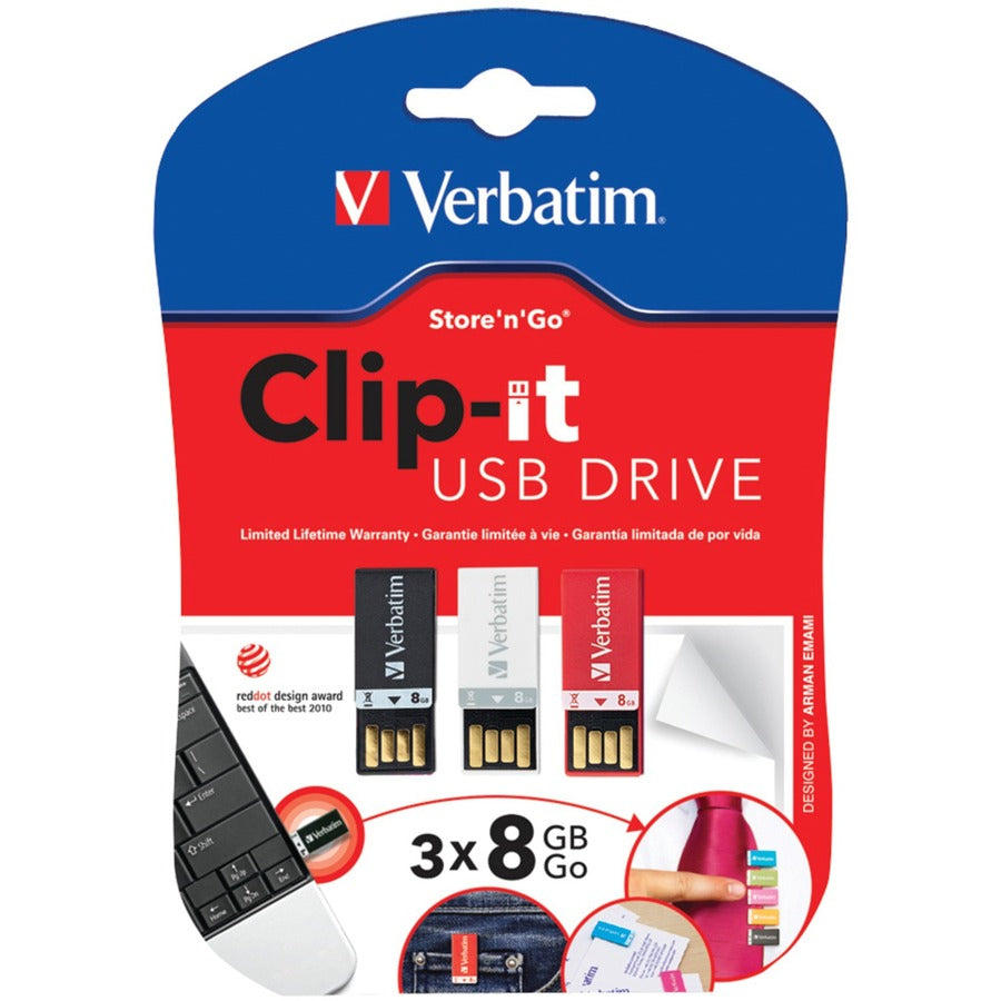 Verbatim 8GB Clip-It USB Flash Drive - 3pk - Black, White, Red