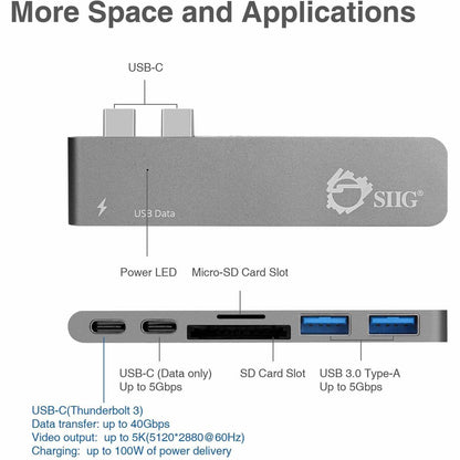 SIIG Thunderbolt 3 USB-C Hub with Card Reader & PD Adapter - Space Gray