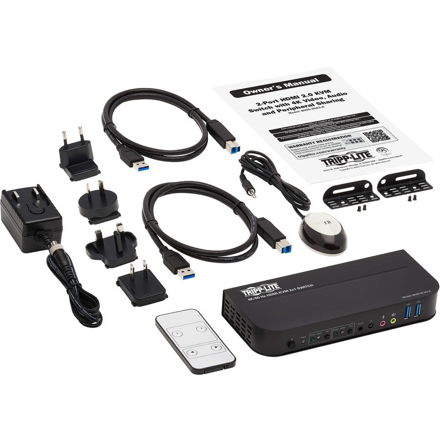Tripp Lite HDMI USB KVM Switch 2-Port 4K 60Hz HDR HDCP 2.2 IR USB Cables