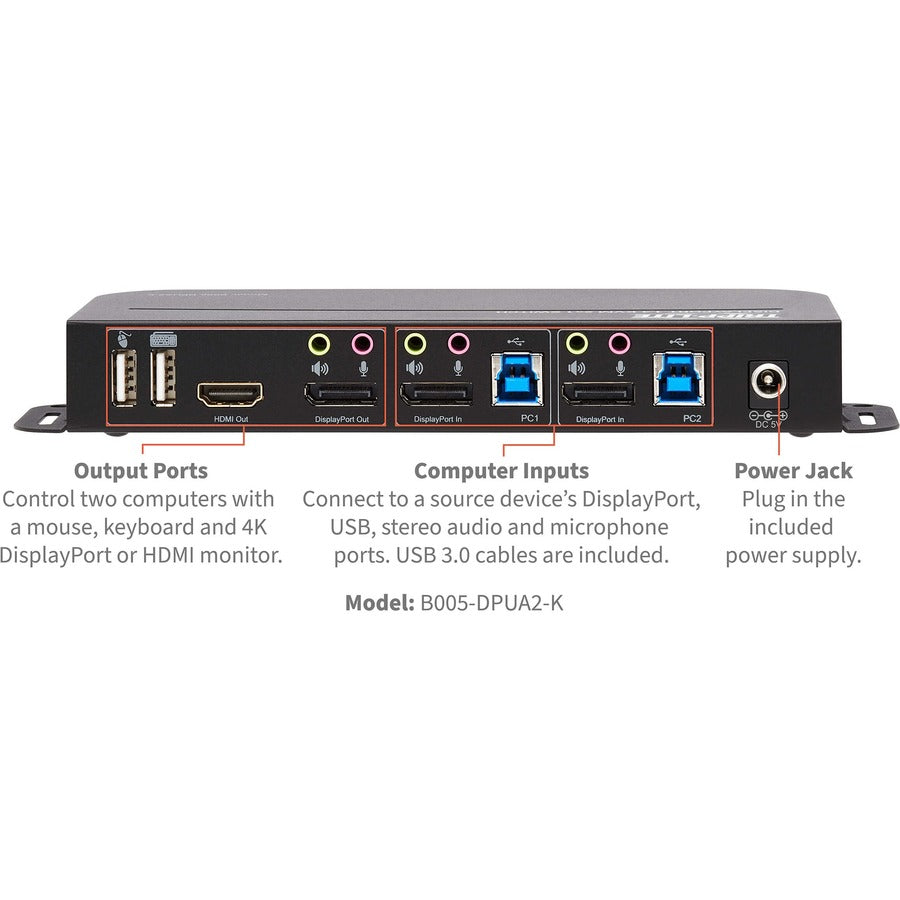 Tripp Lite DisplayPort USB KVM Switch 2-Port 4K 60Hz HDR DP 1.4 USB Cables