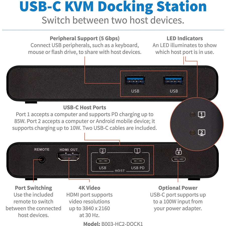 Tripp Lite USB C KVM Dock 2-Port 4K HDMI USB-A Hub PD Charging USB 3.2 Gen 1