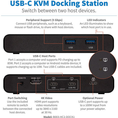 Tripp Lite USB C KVM Dock 2-Port 4K HDMI USB-A Hub PD Charging USB 3.2 Gen 1